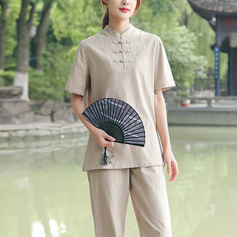 Buddha Stones 2点セット レディース 半袖シャツ トップス Tシャツ パンツ 瞑想 禅 太極拳 コットンリネン 衣類セット - image 1