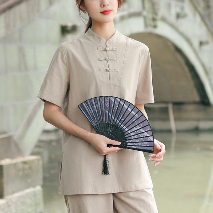 Buddha Stones 2点セット レディース 半袖シャツ トップス Tシャツ パンツ 瞑想 禅 太極拳 コットンリネン 衣類セット - カーキ(トップス&パンツ) - US18、 UK/AU22、 EU50 (6XL) - image 0