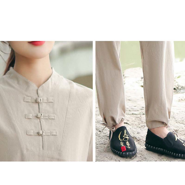 Buddha Stones 2点セット レディース 半袖シャツ トップス Tシャツ パンツ 瞑想 禅 太極拳 コットンリネン 衣類セット - image 2