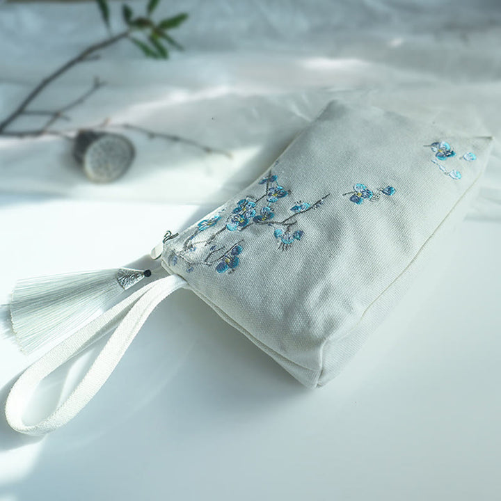 Buddha Stones小花梅桜鶴桃花刺繍キャンバスウォレットショッピング財布 - ホワイトブループラム 21×13cm - image 20