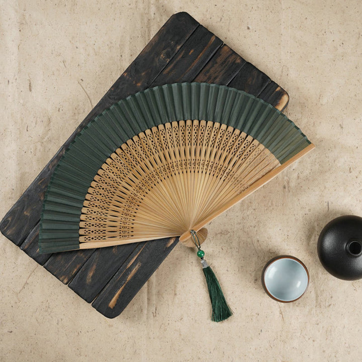 Buddha Stonesシンプルな桜の花 中空彫刻 手持ち竹扇子 - アーミーグリーン 22cm - image 5