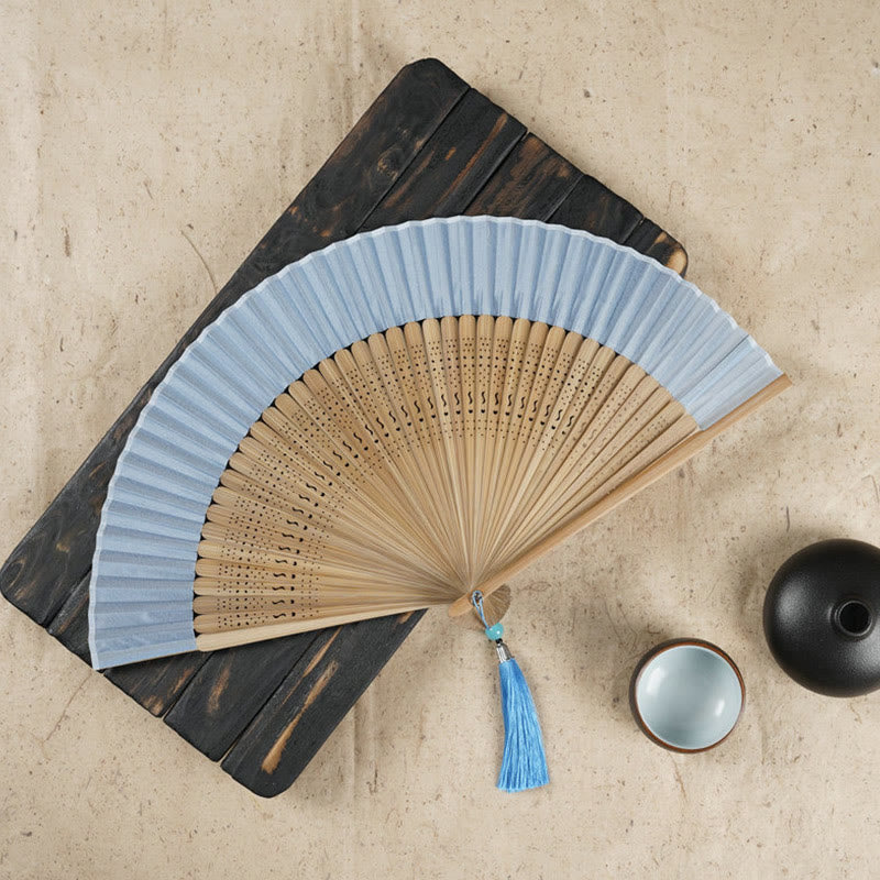 Buddha Stonesシンプルな桜の花 中空彫刻 手持ち竹扇子 - ブルー 22cm - image 6