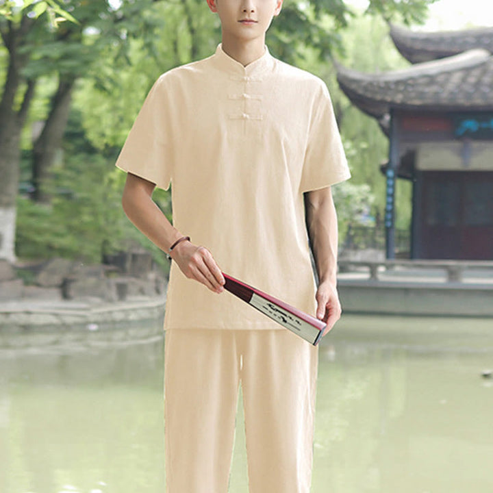 Buddha Stones 2点セット メンズ 半袖シャツ トップス Tシャツ パンツ 瞑想 禅 太極拳 コットンリネン 衣類セット - ベージュ(トップス&パンツ) - US/UK/AU48、 EU58 (6XL) - image 8