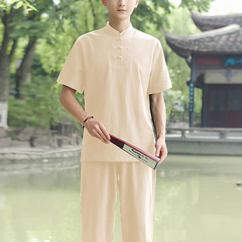Buddha Stones 2点セット メンズ 半袖シャツ トップス Tシャツ パンツ 瞑想 禅 太極拳 コットンリネン 衣類セット - ベージュ(トップス&パンツ) - US/UK/AU48、 EU58 (6XL) - image 8