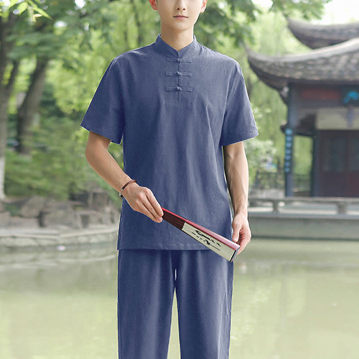 Buddha Stones 2点セット メンズ 半袖シャツ トップス Tシャツ パンツ 瞑想 禅 太極拳 コットンリネン 衣類セット - ブルー（トップス＆パンツ） - US/UK/AU48、 EU58 (6XL) - image 5