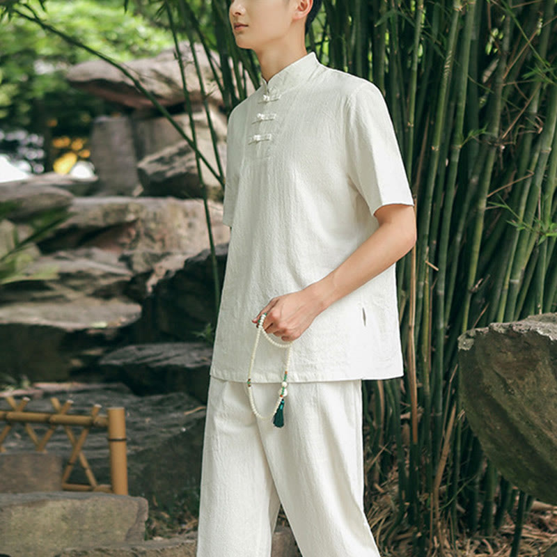 Buddha Stones 2点セット メンズ 半袖シャツ トップス Tシャツ パンツ 瞑想 禅 太極拳 コットンリネン 衣類セット - image 1