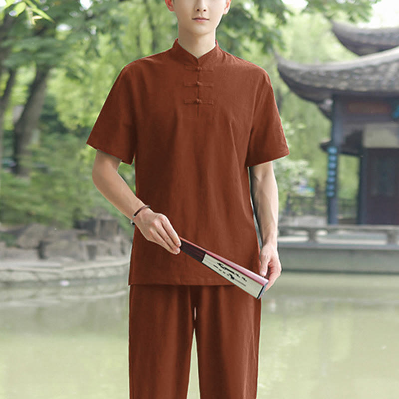 Buddha Stones 2点セット メンズ 半袖シャツ トップス Tシャツ パンツ 瞑想 禅 太極拳 コットンリネン 衣類セット - ブラウン（トップス＆パンツ） - US/UK/AU48、 EU58 (6XL) - image 6