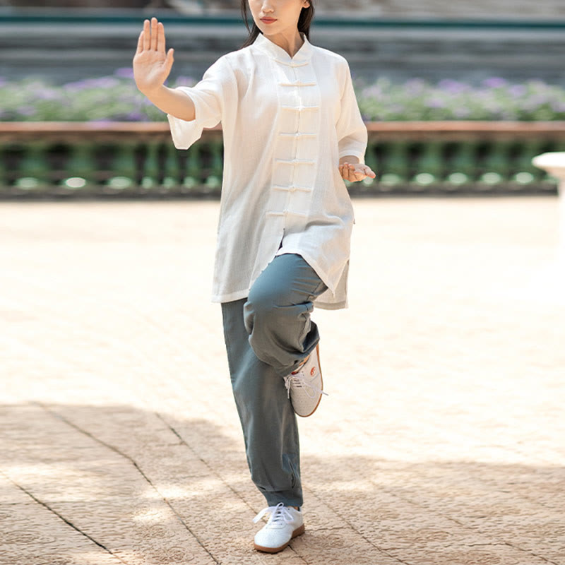 Buddha Stones無地 カエルボタン 瞑想 祈り スピリチュアル 禅 太極拳 気功 練習 ユニセックス 服セット - レディース-ホワイトトップス＆グレーブルーパンツ - 2XL - image 3