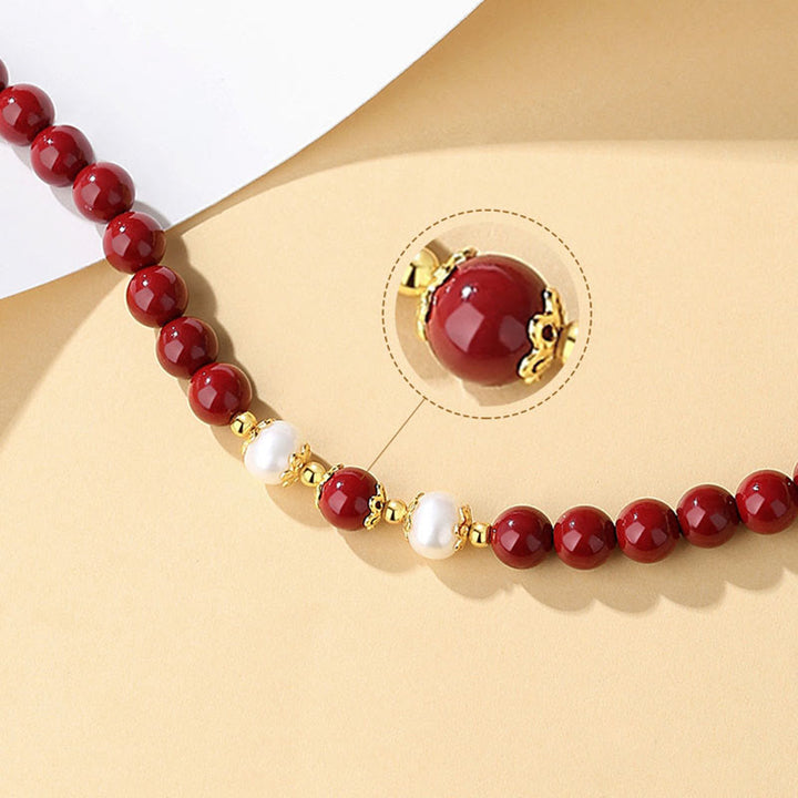 Buddha Stones 925スターリングシルバー 天然辰砂パール 祝福ネックレス ペンダント ブレスレット イヤリング ジュエリーセット