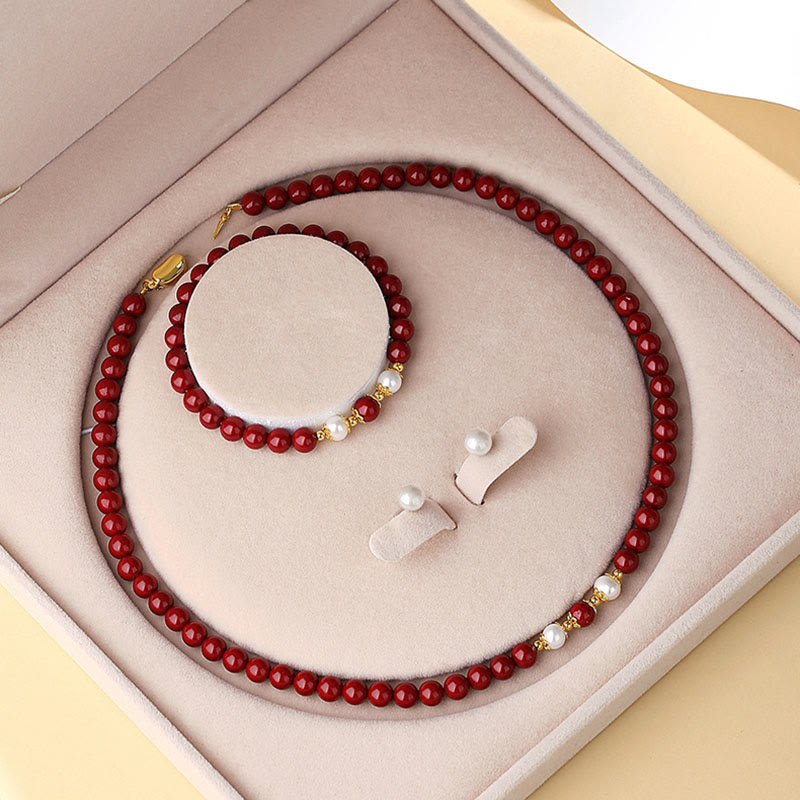 Buddha Stones 925スターリングシルバー 天然辰砂パール 祝福ネックレス ペンダント ブレスレット イヤリング ジュエリーセット
