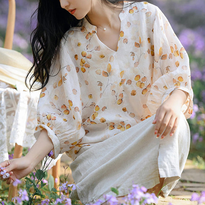 Buddha Stones、果物、葉の模様のランタンスリーブトップ、ルーズTシャツ - image 11