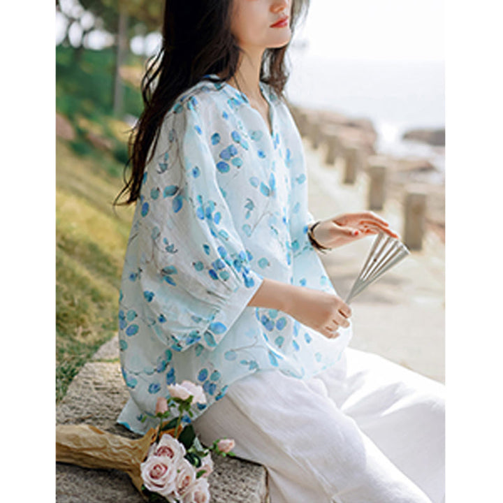 Buddha Stones、果物、葉の模様のランタンスリーブトップ、ルーズTシャツ - image 6