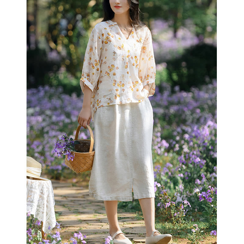 Buddha Stones、果物、葉の模様のランタンスリーブトップ、ルーズTシャツ - image 13