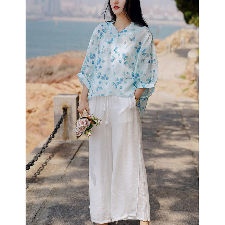 Buddha Stones、果物、葉の模様のランタンスリーブトップ、ルーズTシャツ - image 7