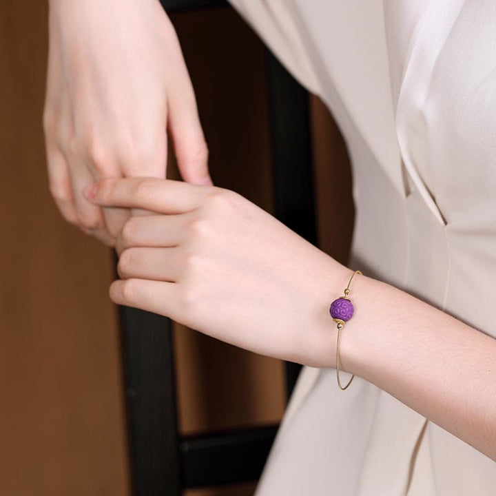 Buddha Stones 925スターリングシルバーメッキゴールドナチュラルパープルマイカストーンレリーフビーズポジティブネックレスペンダントブレスレットセット