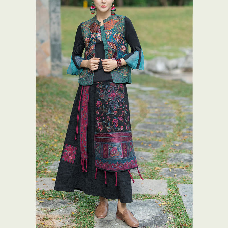 Buddha Stonesヴィンテージスタイル刺繍花唐装デザインノースリーブベスト - image 4