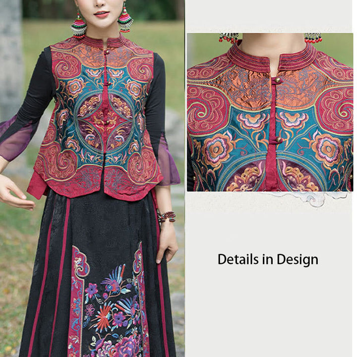 Buddha Stonesヴィンテージスタイル刺繍花唐装デザインノースリーブベスト - image 25