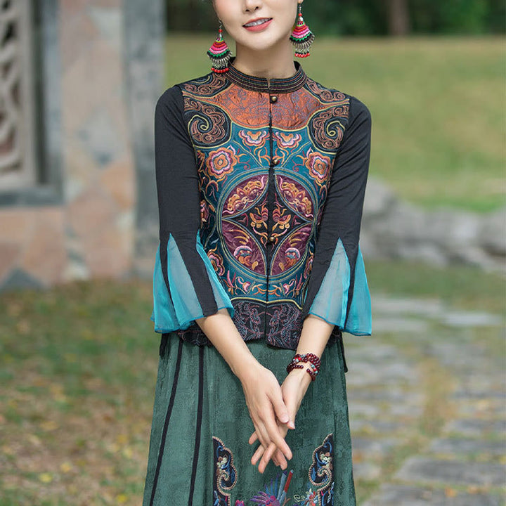 Buddha Stonesヴィンテージスタイル刺繍花唐装デザインノースリーブベスト - ブラック（ベストのみ） - 2XL（バスト100cm/肩幅40cm/着丈59cm） - image 9