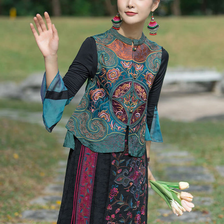 Buddha Stonesヴィンテージスタイル刺繍花唐装デザインノースリーブベスト - image 5