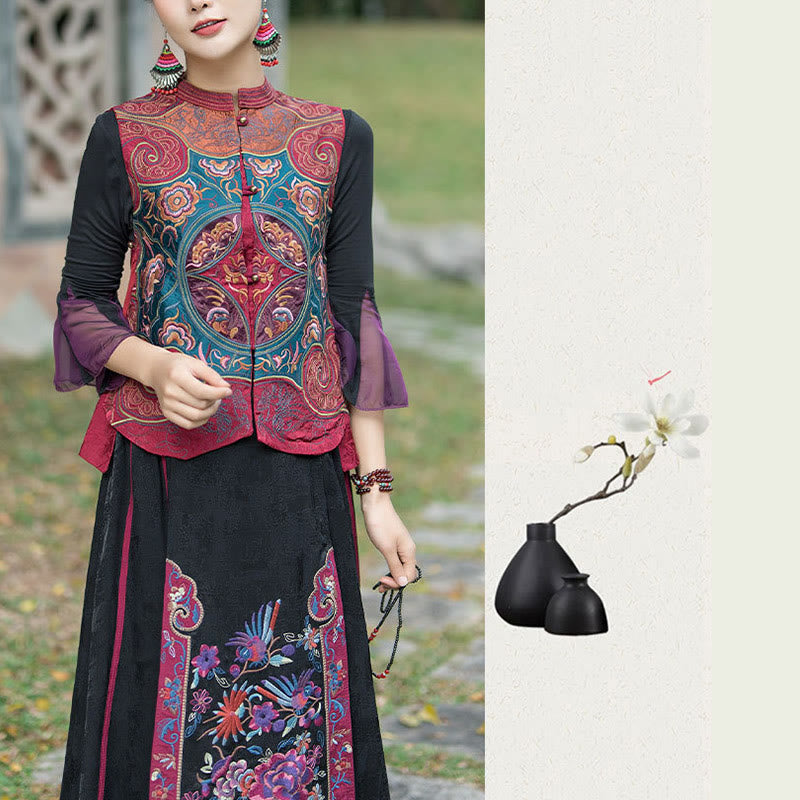 Buddha Stonesヴィンテージスタイル刺繍花唐装デザインノースリーブベスト - image 27