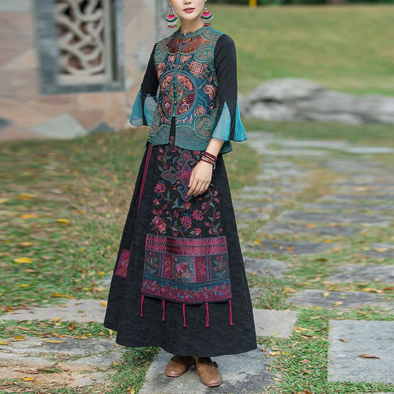 Buddha Stonesヴィンテージスタイル刺繍花唐装デザインノースリーブベスト - image 2