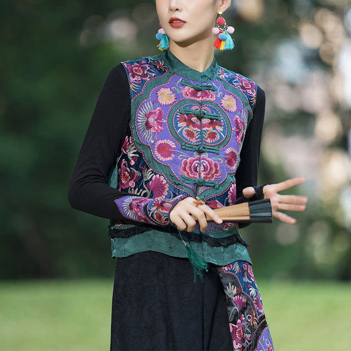 Buddha Stones、カエルボタン刺繍、花、コットンリネン、唐装デザイン、ノースリーブベスト - US8-10，UK/AU12-14，EU40-42 (2XL)-(ベストのみ) - image 0