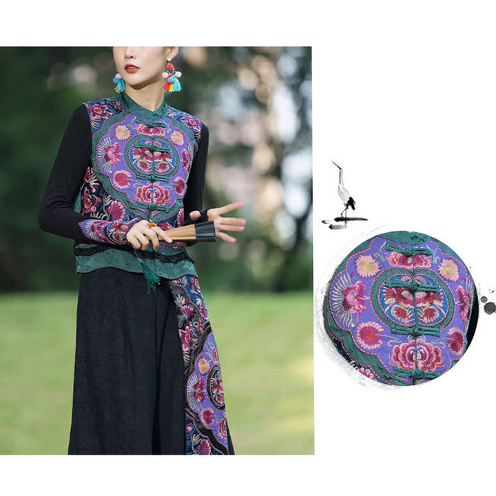 Buddha Stones、カエルボタン刺繍、花、コットンリネン、唐装デザイン、ノースリーブベスト - image 9