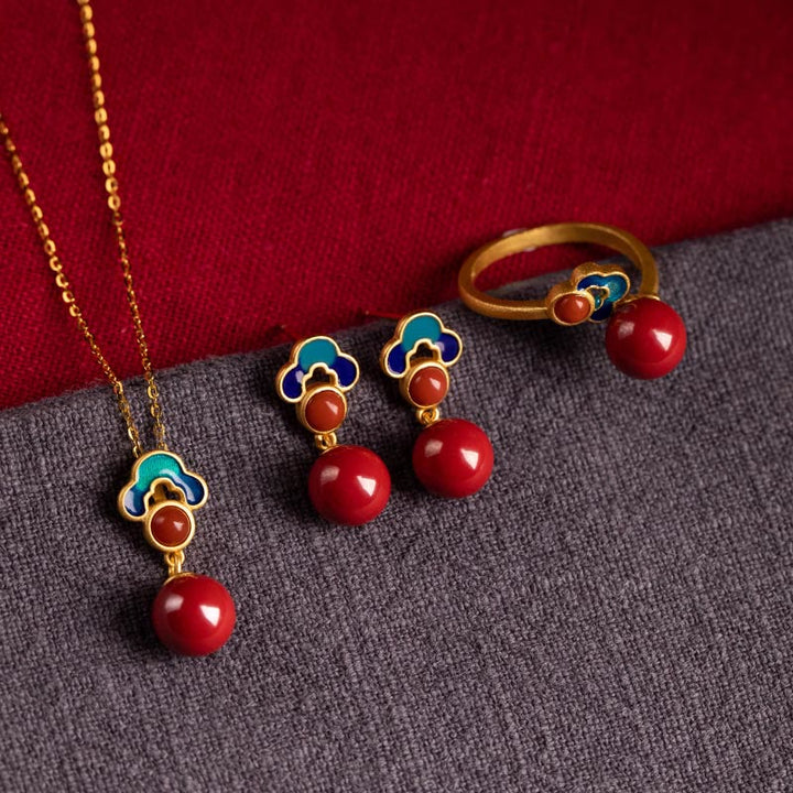 Buddha Stones 925スターリングシルバーメッキゴールド辰砂レッドアゲート祝福ネックレスペンダントイヤリングリングセット