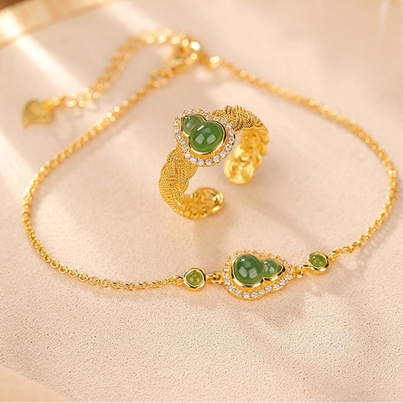 Buddha Stones925 スターリングシルバー ゴールドメッキ 天然和田翡翠 ひょうたん 幸運のブレスレット リングセット