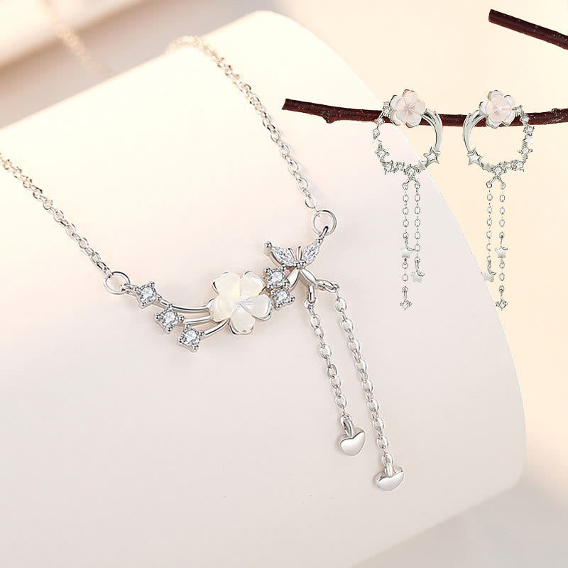Buddha Stones925スターリングシルバー フラワー バタフライ ラブネックレス ペンダント イヤリングセット