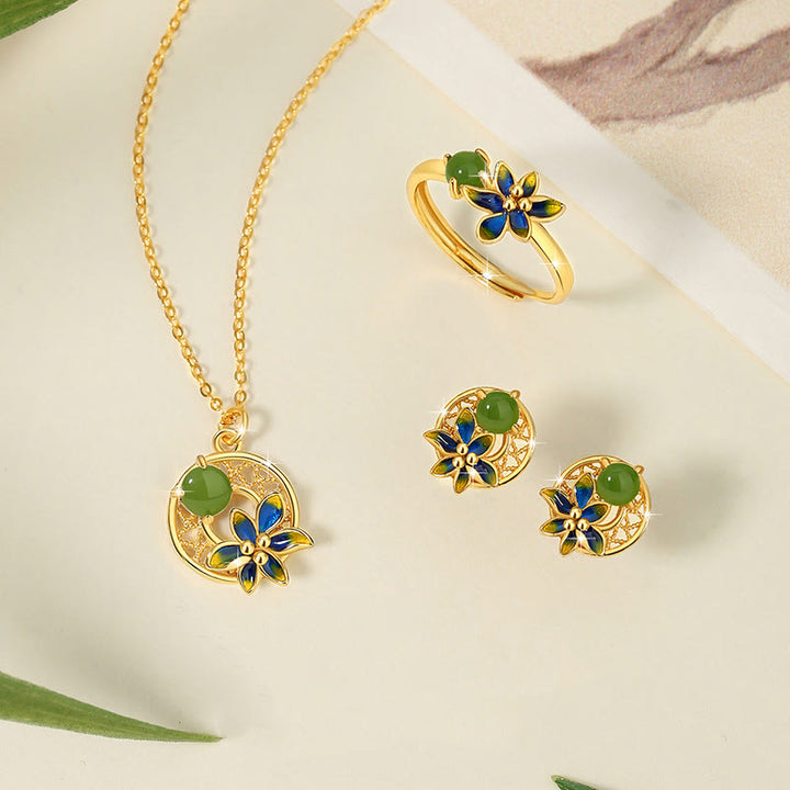 Buddha Stones 925スターリングシルバー 天然和田翡翠フラワー 幸運のネックレス ペンダント リング イヤリング セット
