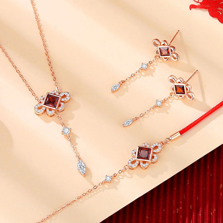 Buddha Stones925スターリングシルバー 中国結び 赤ジルコン 富のネックレス ペンダント ブレスレット イヤリングセット