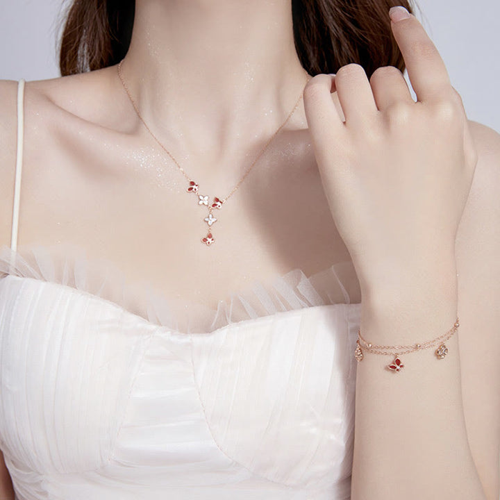 Buddha Stones 925スターリングシルバー レッドアゲート シャコガイ ストーン バタフライ 四つ葉のクローバー カームブレスレット ネックレス ペンダントセット - image 2