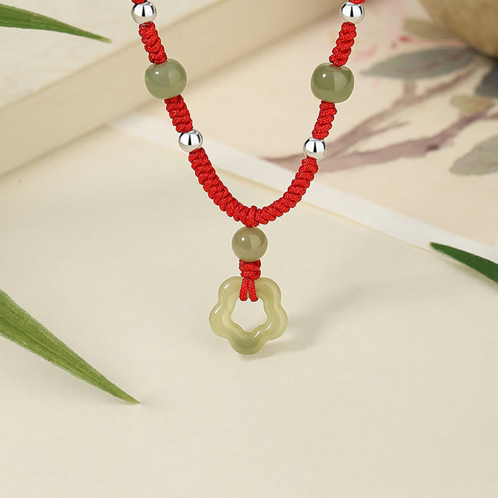 Buddha Stones 925スターリングシルバー 天然和田翡翠フラワー五芒星幸運レッドロープネックレスペンダントブレスレットセット