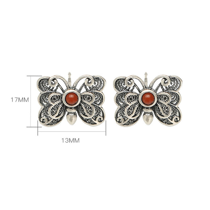 Buddha Stones 925スターリングシルバー レッドアゲート バタフライ 自己受容リング イヤリングセット