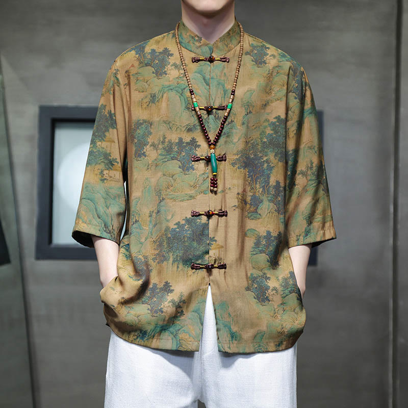 Buddha Stones風景中国龍柄中国七分袖シャツメンズTシャツ - 横長（上面のみ） - US/UK/AU46、 EU56 (5XL)  - image 0