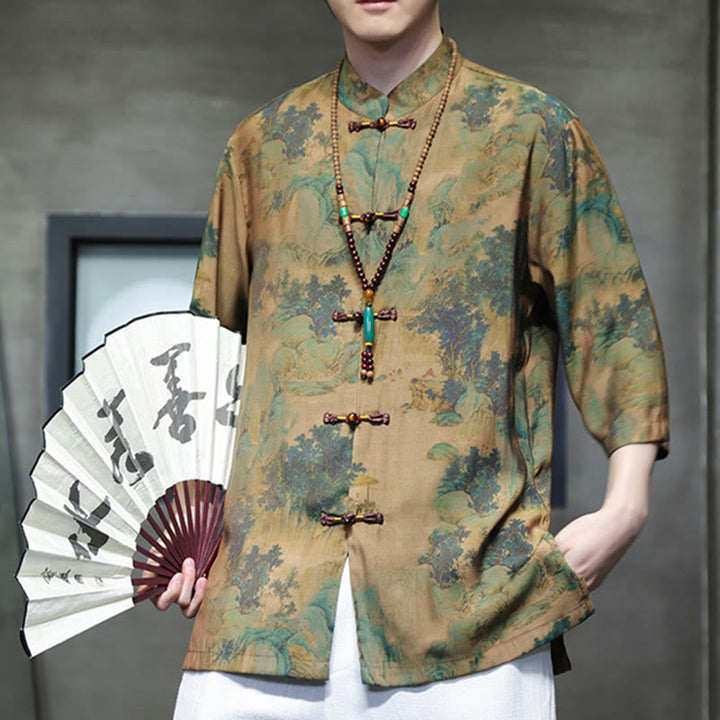 Buddha Stones風景中国龍柄中国七分袖シャツメンズTシャツ - image 3