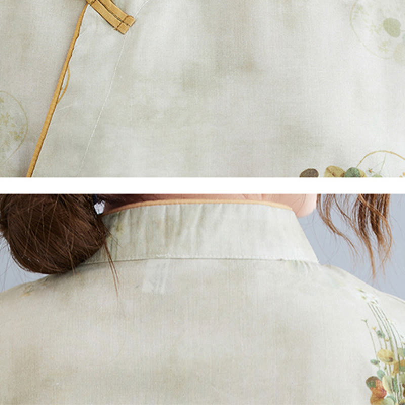 Buddha Stones、花、緑、黄色の葉のプリントのチャイナドレス（ミディ丈）七分袖、ポケット付き - image 8