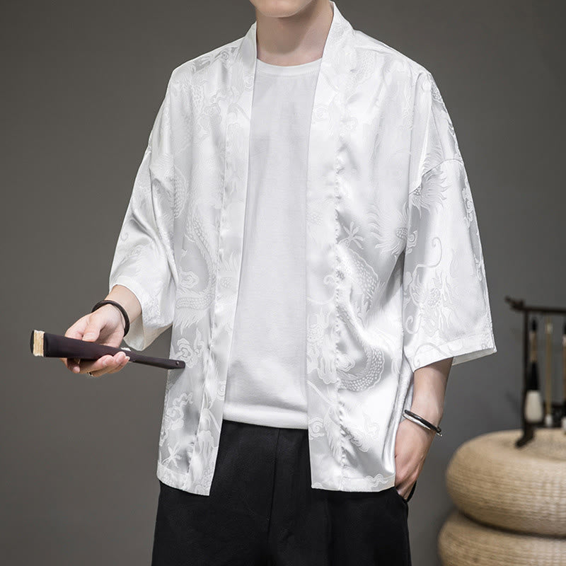Buddha Stones中国龍 オープンフロントジャケット メンズ 着物 - ホワイト(上半身のみ) - US/UK/AU46、 EU56 (5XL)  - image 0