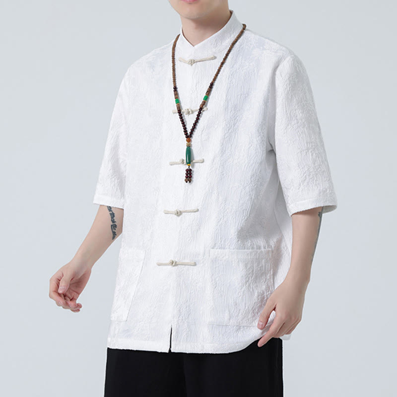 Buddha Stones無地ジャカードフロッグボタンチャイナ半袖シャツメンズTシャツ