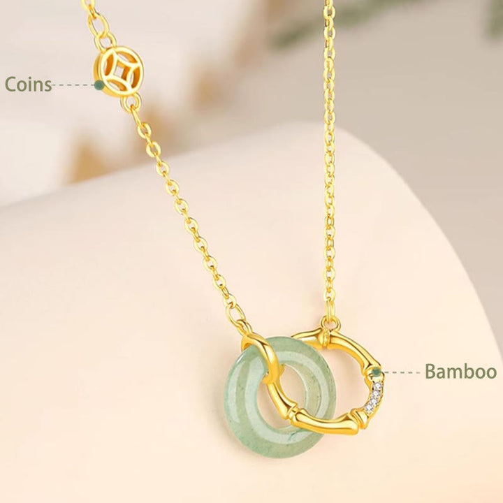 Buddha Stones925スターリングシルバー 天然グリーンアベンチュリン 平和バックル 竹コイン 繁栄のネックレスペンダント