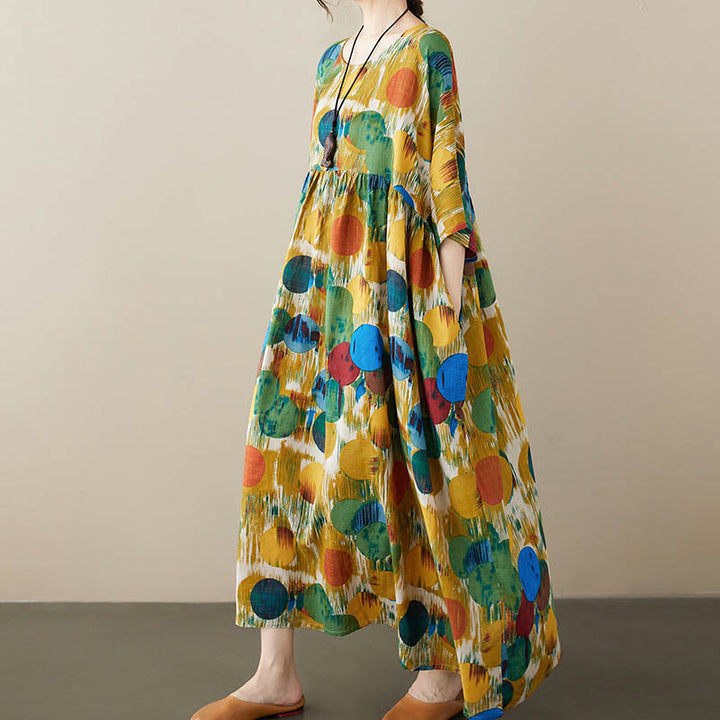 Buddha Stonesオレンジグリーンカラフル水玉模様ミディドレスコットン半袖チュニックドレスポケット付き - image 13