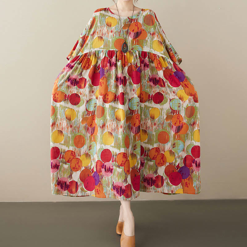 Buddha Stonesオレンジグリーンカラフル水玉模様ミディドレスコットン半袖チュニックドレスポケット付き - image 5