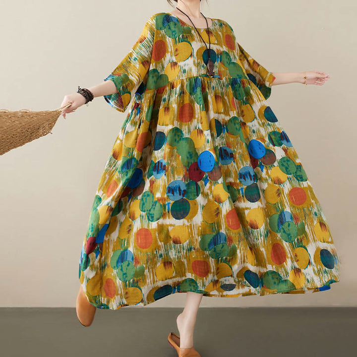 Buddha Stonesオレンジグリーンカラフル水玉模様ミディドレスコットン半袖チュニックドレスポケット付き - image 14