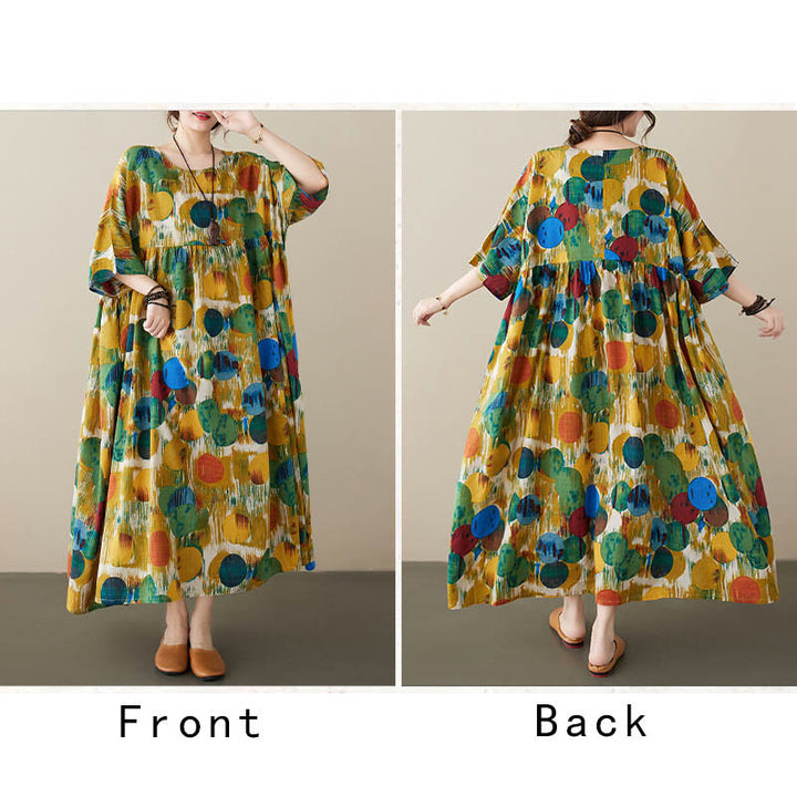 Buddha Stonesオレンジグリーンカラフル水玉模様ミディドレスコットン半袖チュニックドレスポケット付き - image 15