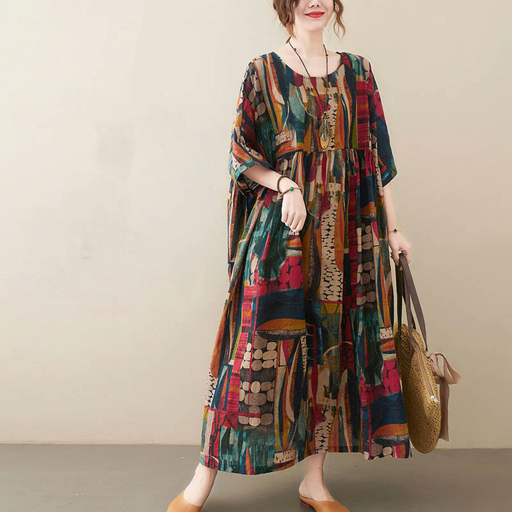 Buddha Stonesのカラフルなグラフィックミディドレス コットン半袖チュニックドレス ポケット付き - image 1