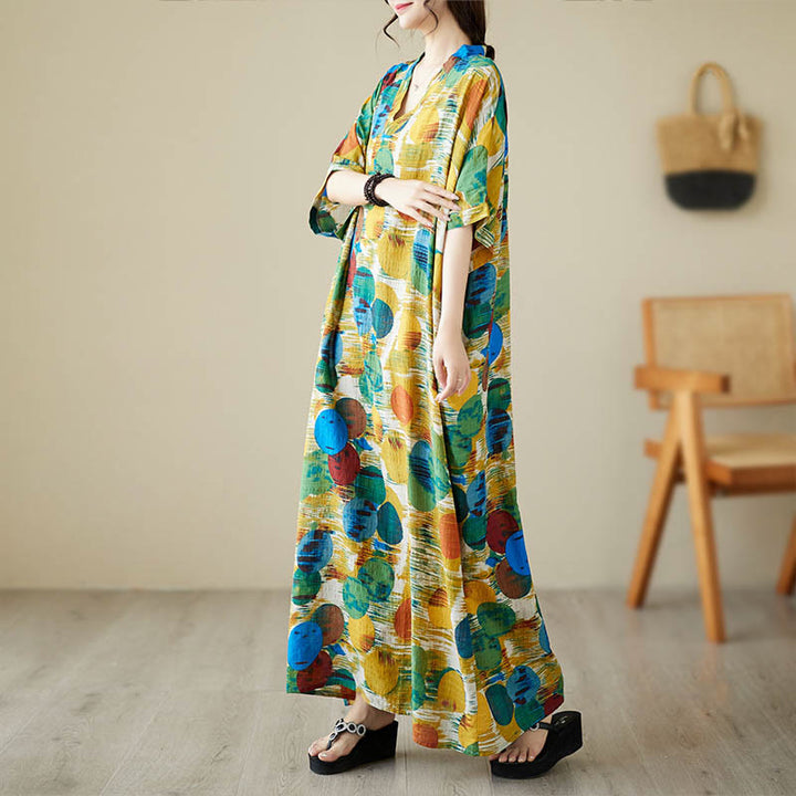 Buddha Stonesオレンジブルーカラフル水玉模様ミディドレスコットン半袖ドレスポケット付き - image 1