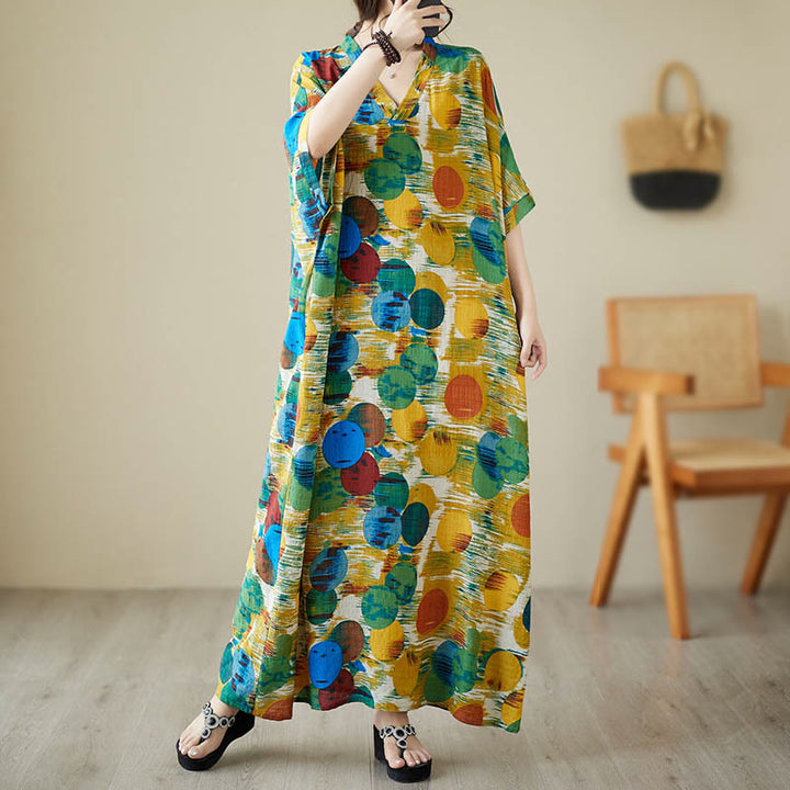 Buddha Stonesオレンジブルーカラフル水玉模様ミディドレスコットン半袖ドレスポケット付き - image 4