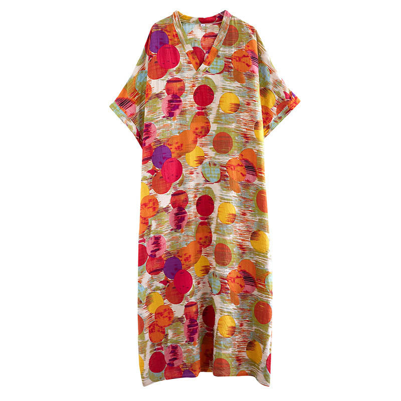 Buddha Stonesオレンジブルーカラフル水玉模様ミディドレスコットン半袖ドレスポケット付き - image 14