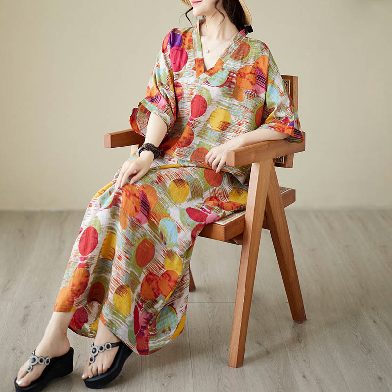 Buddha Stonesオレンジブルーカラフル水玉模様ミディドレスコットン半袖ドレスポケット付き - image 10